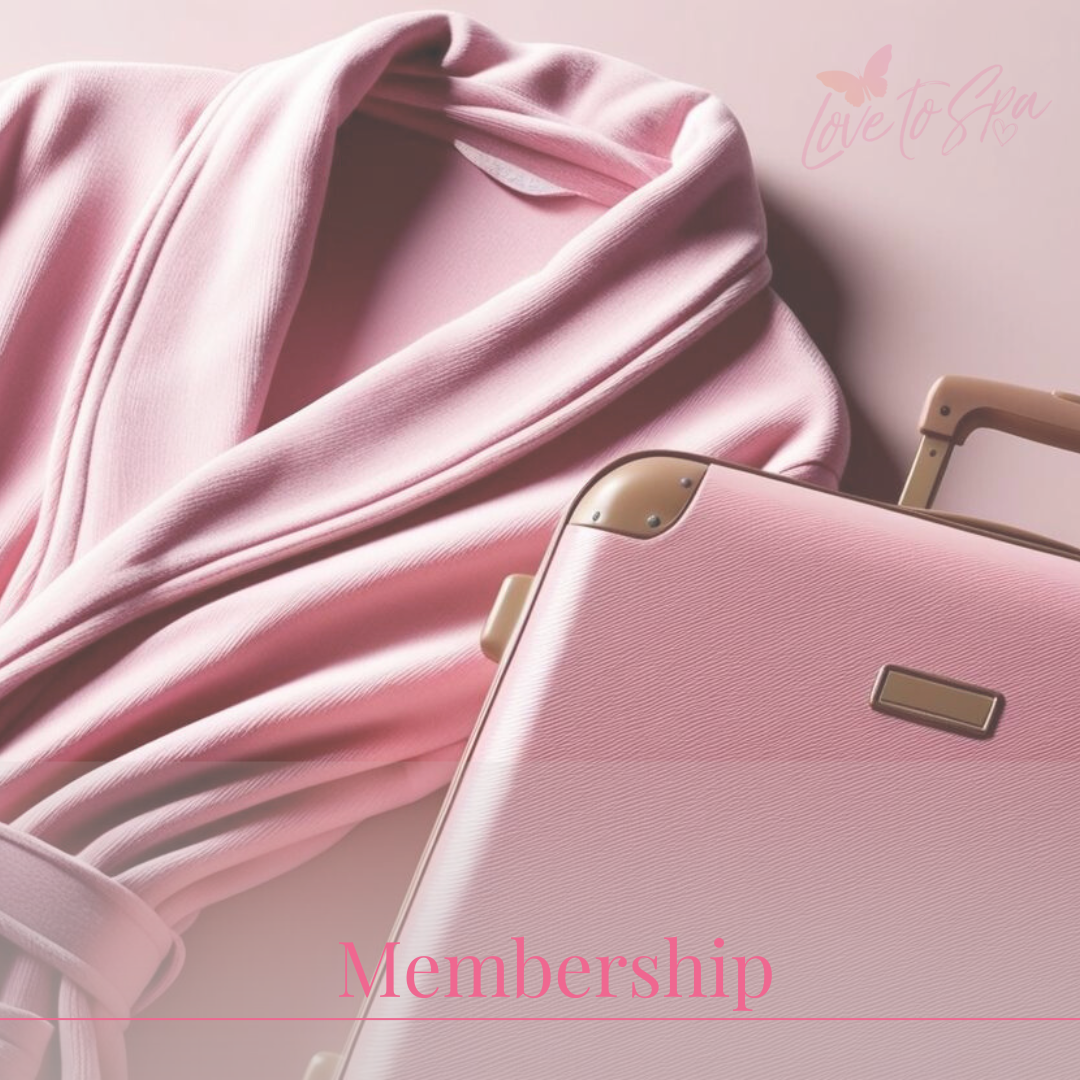 Pink spa robe and suitcase — Love to Spa Library membership for mindful travel and spa living