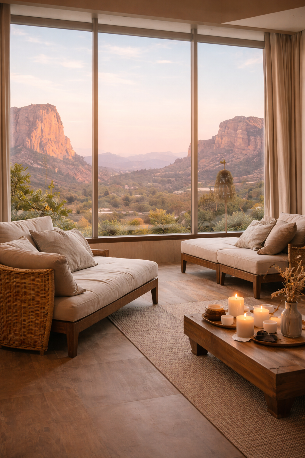 view of a spa lounge with floor to ceiling windows overlooking the red rocks of sedona.