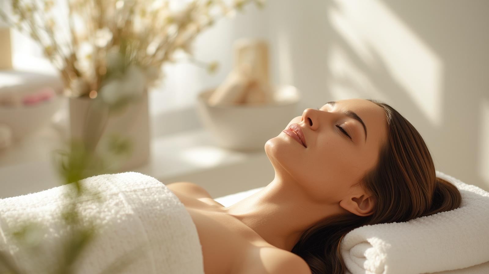 woman laying on a massage table surrounded by white spring flowers