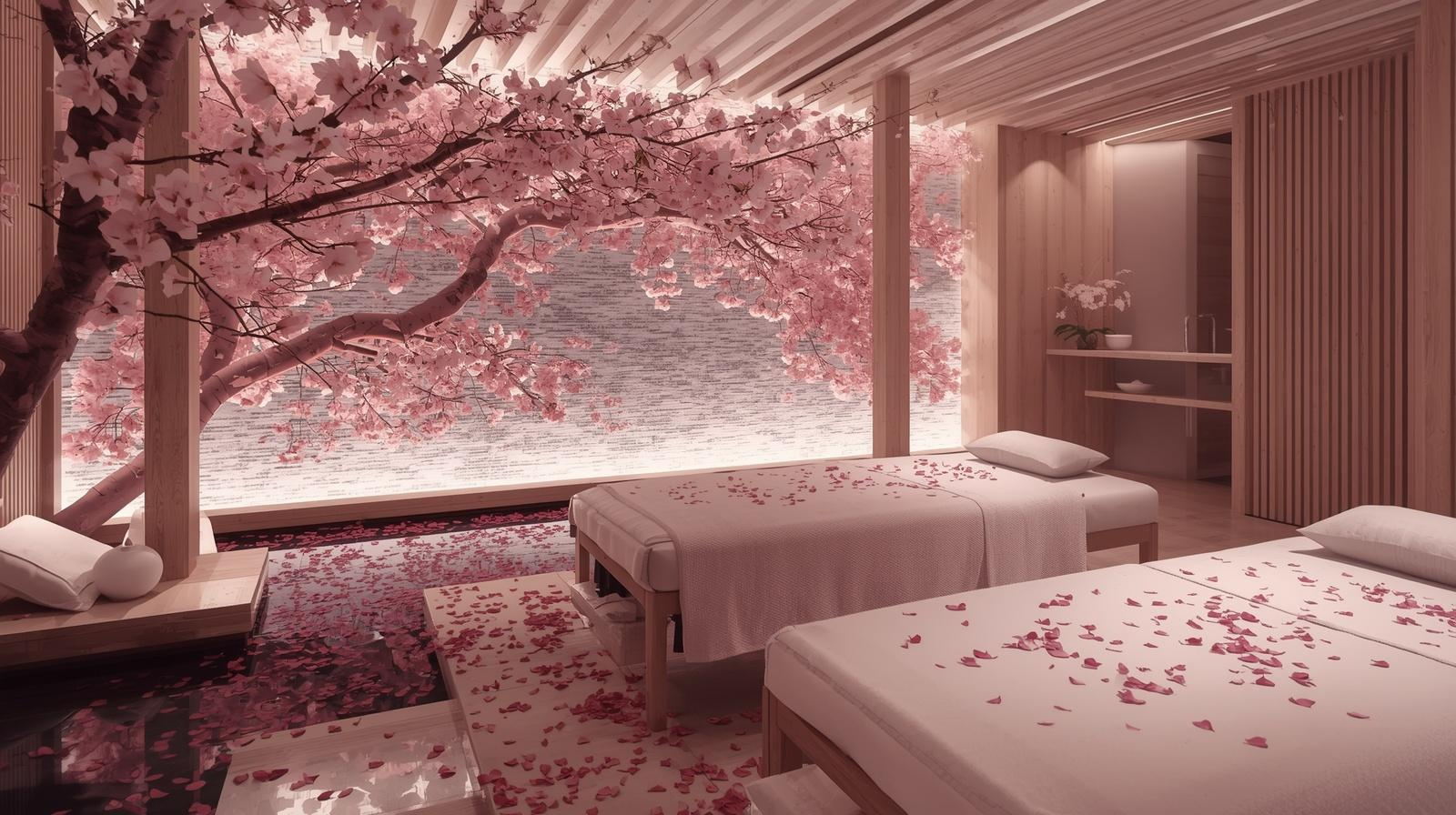 cherry blossom tree featured outside a spa room with cherry blossom petals on two massage tables.