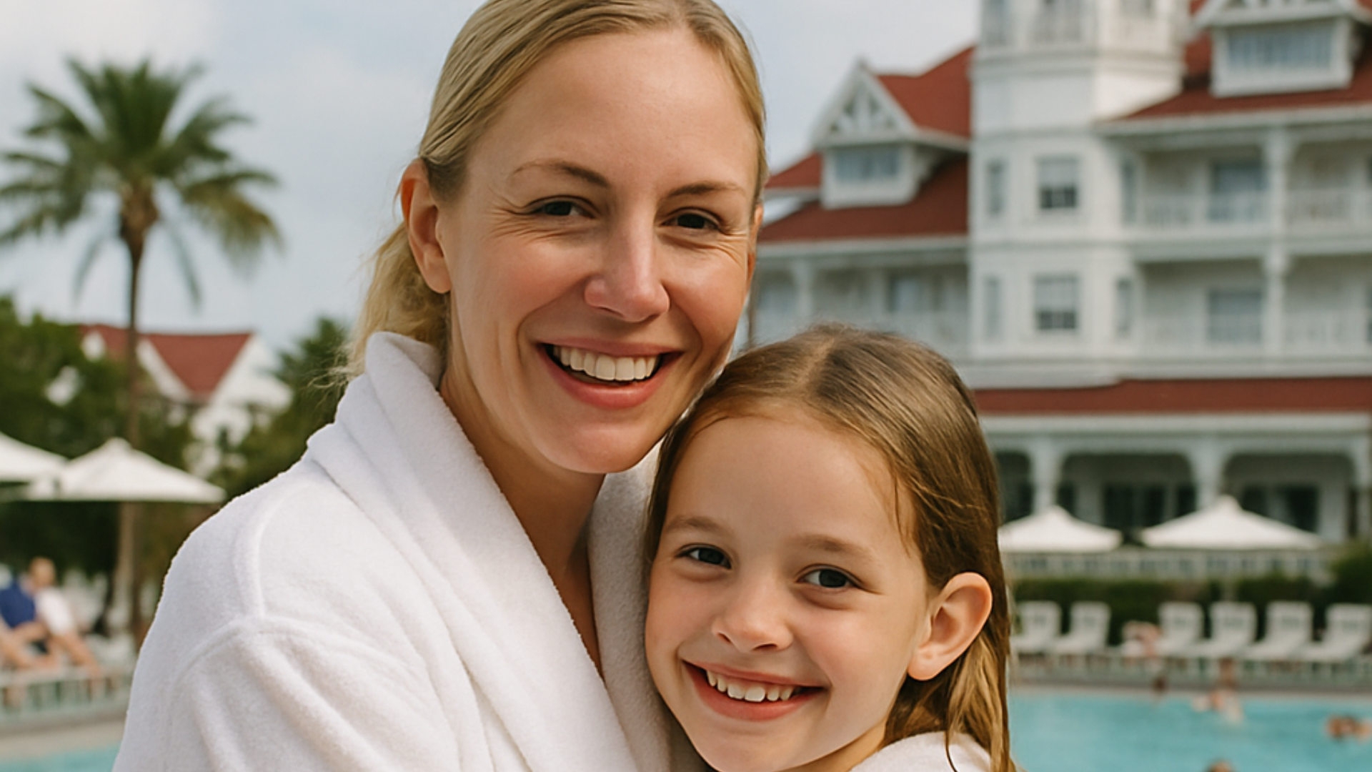 mother and daughter hugging in spa robes by a pool of a resort that resembles the grand flroidian