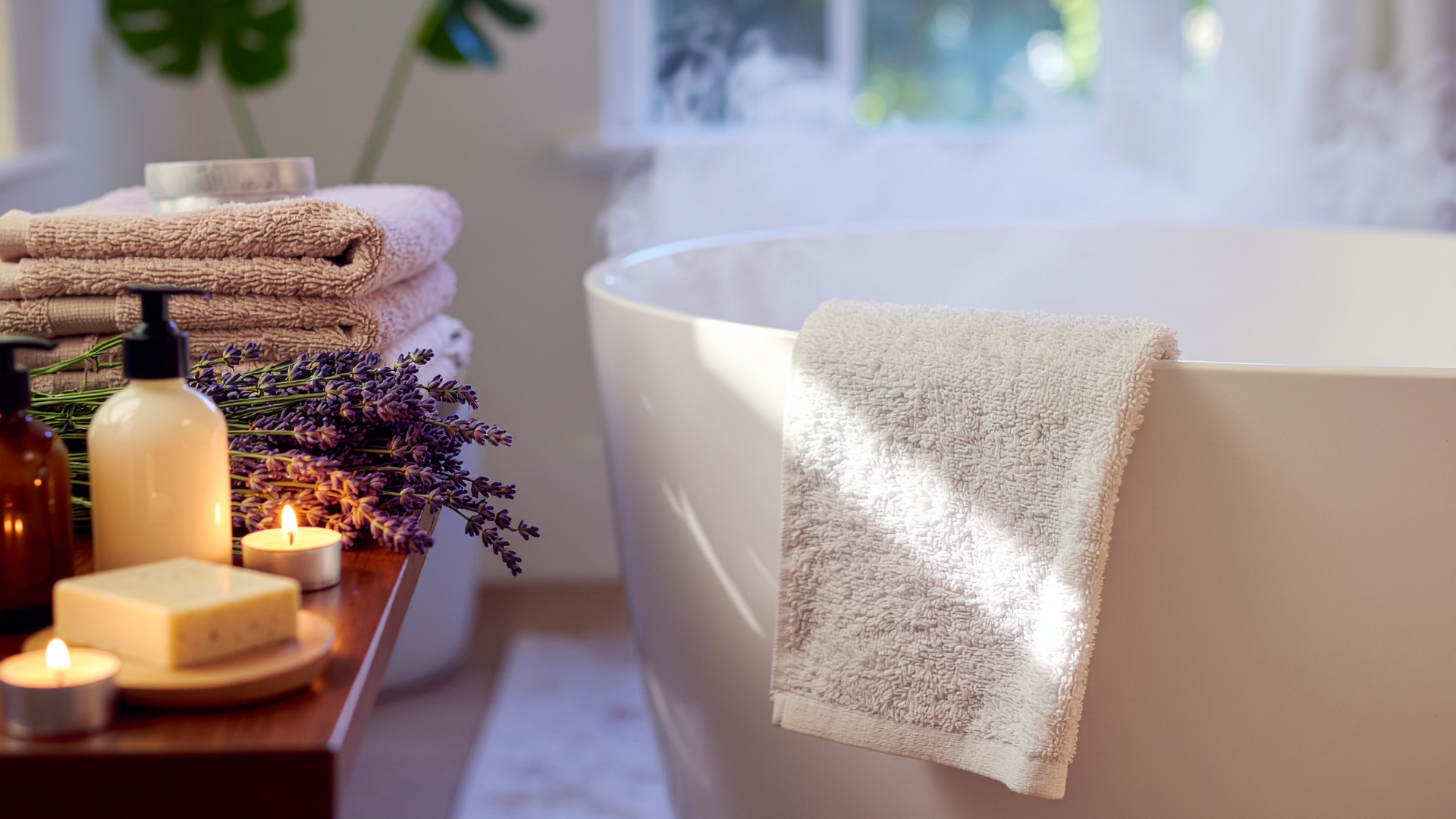 bath with steam rising, with towels, candles and herbs