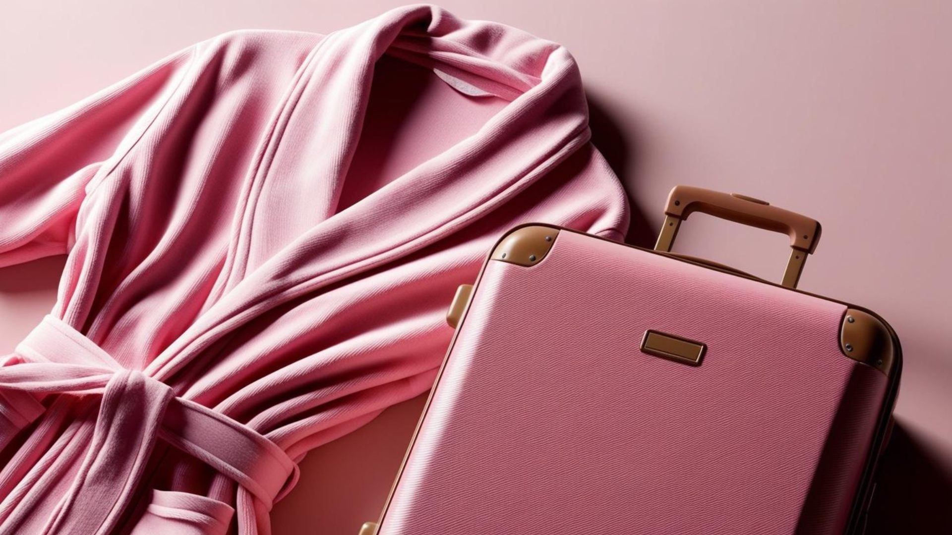 pink spa robe and pink suitcase flatlay on a pink background